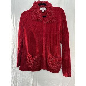 Lisa International Cardigan Sweater Size L Red Zip Front Fuzzy Collar‎ Pockets